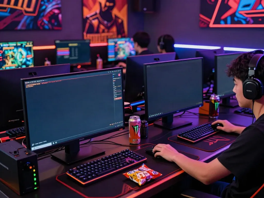 Intense gaming setup showcasing akunjp with dual monitors, vibrant neon lights, and snacks, emphasizing online gambling excitement.