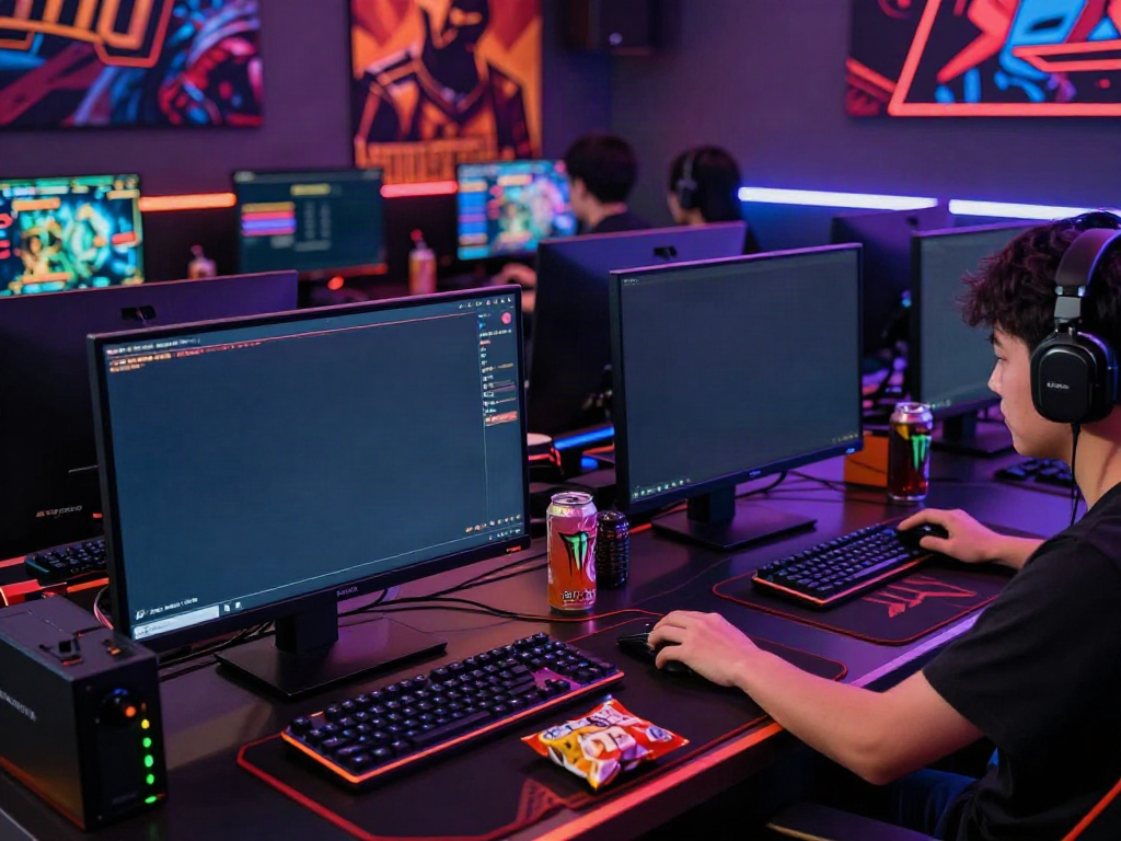 Intense gaming setup showcasing akunjp with dual monitors, vibrant neon lights, and snacks, emphasizing online gambling excitement.