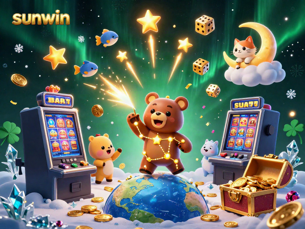 Experience thrilling jackpot excitement at sunwin with immersive scenes of stars, coins, and colorful casino games.
