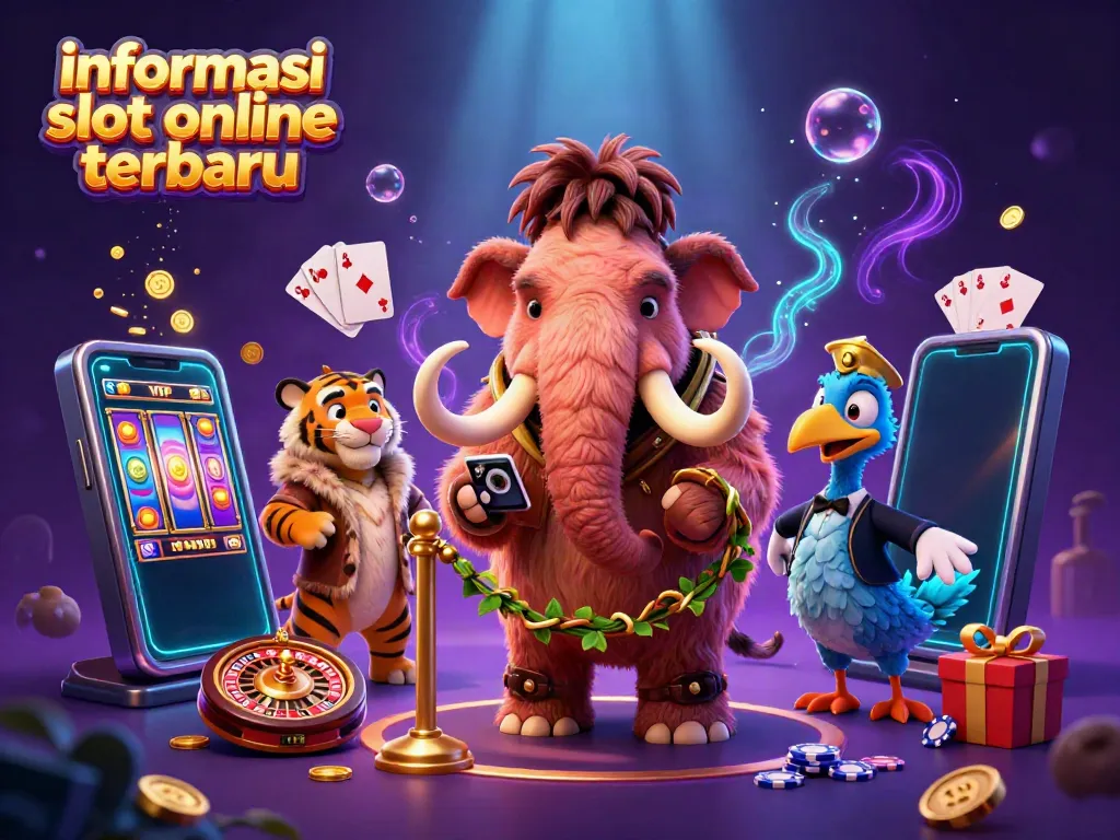 Visualisasi informasi slot online terbaru dengan mamut, macan, dan burung dodo di kasino.