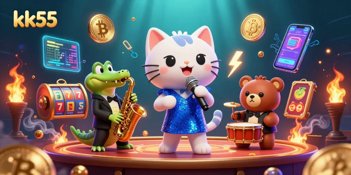 Experience the excitement of kk55 casino with a jazzy cat and vibrant slot themes in an exciting scene.