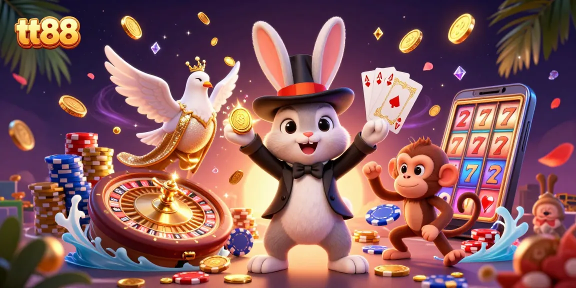 Engage in thrilling gameplay at tt88 with a magician rabbit pulling in golden coins in a vibrant 3D illustration.