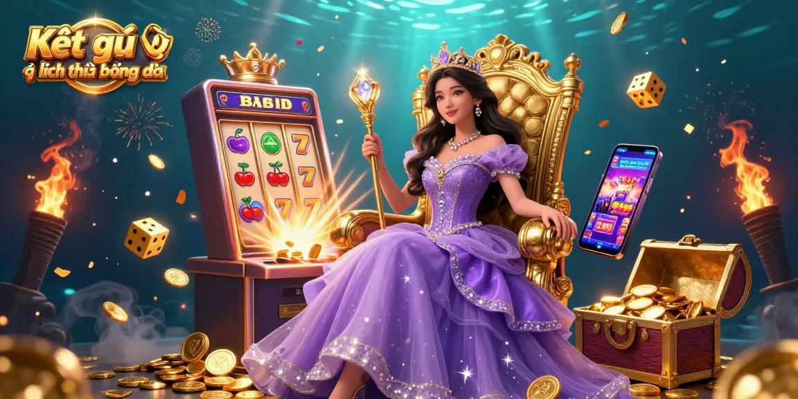 Kết quả và lịch thi đấu bóng đá offers a dynamic scene featuring an elegant Asian princess alongside thrilling casino elements like slot machines and golden treasures.