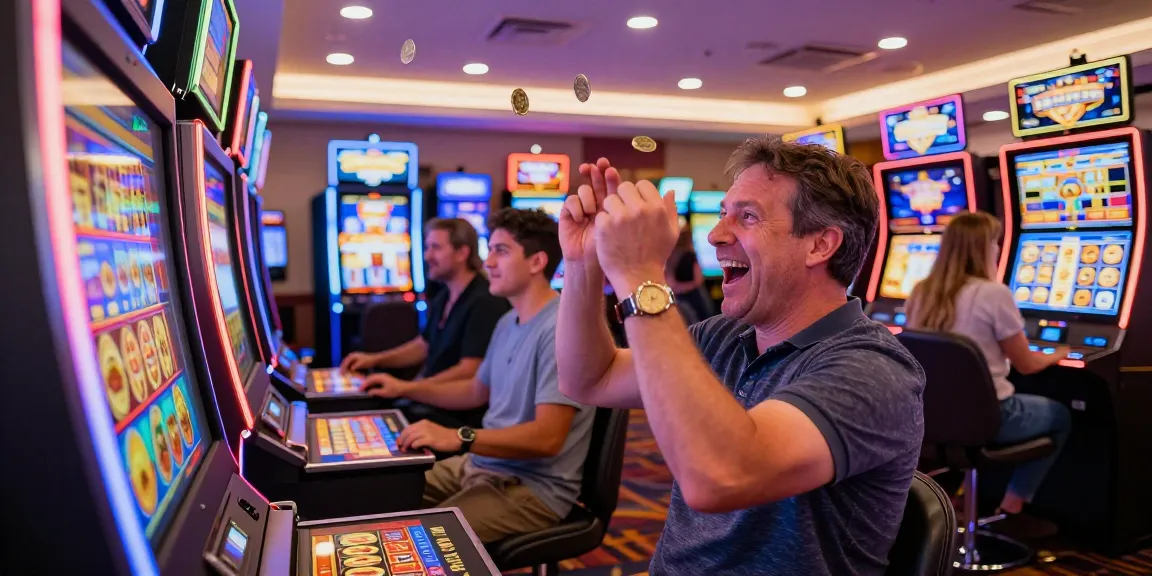 Pengunjung sedang bermain slot di kasino dengan suasana ceria saat jackpot dimenangkan.