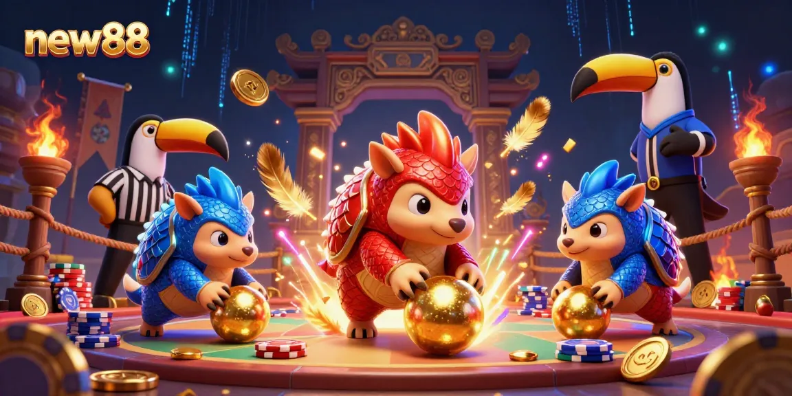 new88 pangolins compete in a dynamic casino scene, surrounded by poker chips and golden coins.