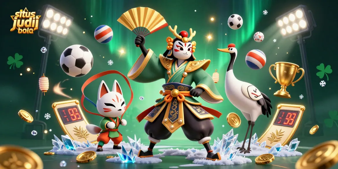 Engage in situs judi bola with a dynamic scene featuring sports betting elements and vibrant 3D characters.