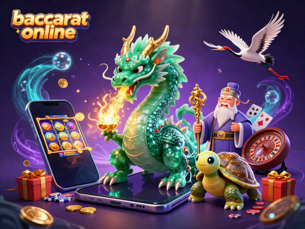 Experience baccarat online with a dragon and turtle in a dynamic 3D illustration full of energy.