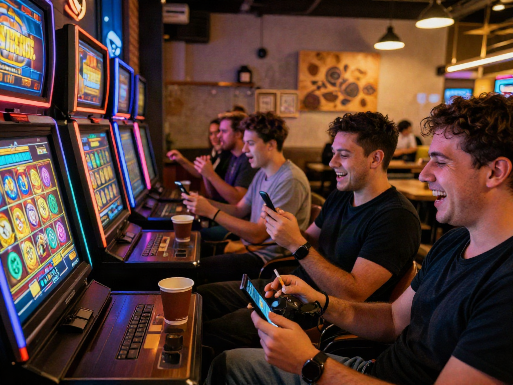 Exciting gaming scene of players enjoying luxury12 slots in a café environment.