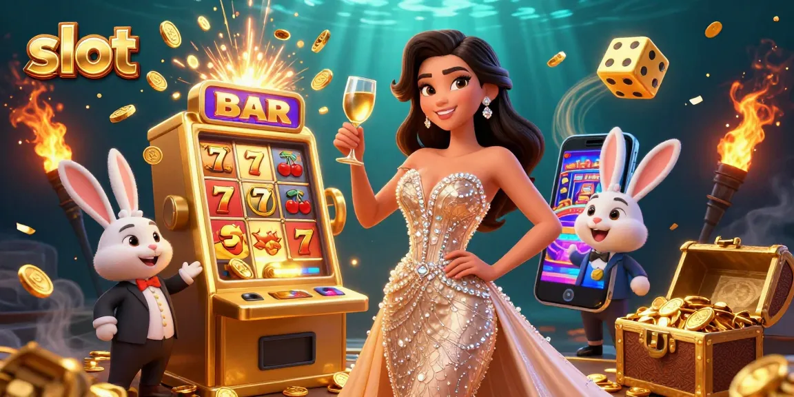 Rasakan keseruan jackpot slot dengan visual menakjubkan seorang wanita dan dealer kelinci yang merayakan kemenangan.