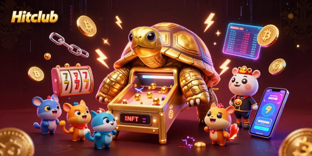 Hitclub features a captivating gaming scene with a golden tortoise pinball machine amidst action-packed slots and crypto elements.