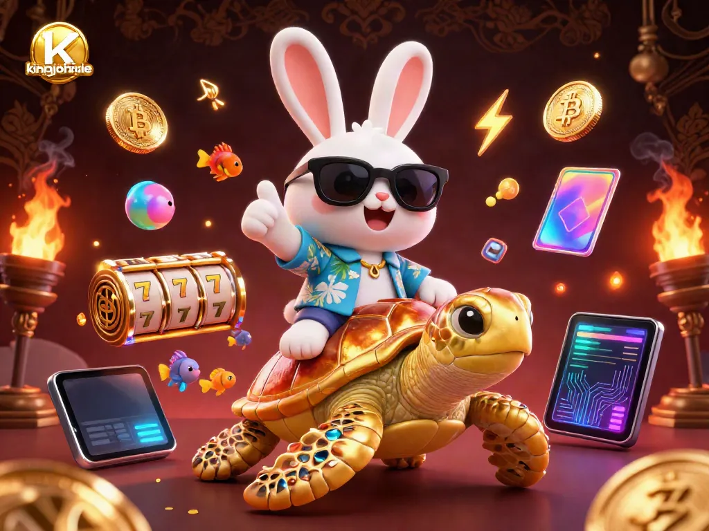 Engage with kingjohnnie's vibrant casino experience featuring a lucky rabbit and golden turtle illustration.