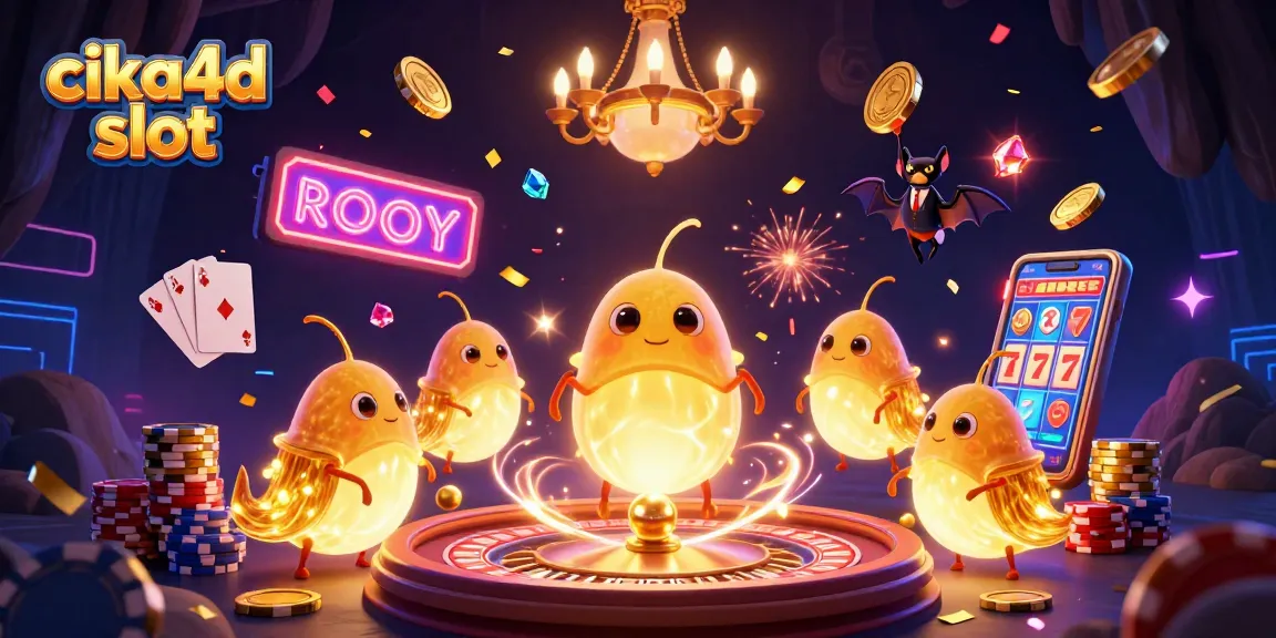 Engage with cika4d slot as glowing creatures bring a lively casino to life in this vibrant 3D illustration.
