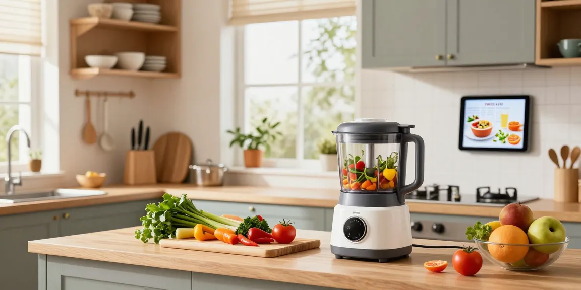 Home cook using smart kitchen gadgets for efficient meal preparation in a bright kitchen.