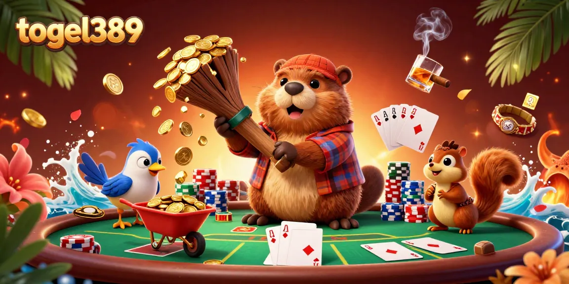 Experience thrilling gameplay at togel389 with cartoon beaver rallying golden coins in an exciting casino scene.