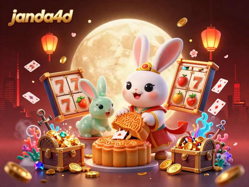 Visualisasi janda4d dengan kelinci bulan 3D yang memukulkan kue bulan emas di permukaan bulan.