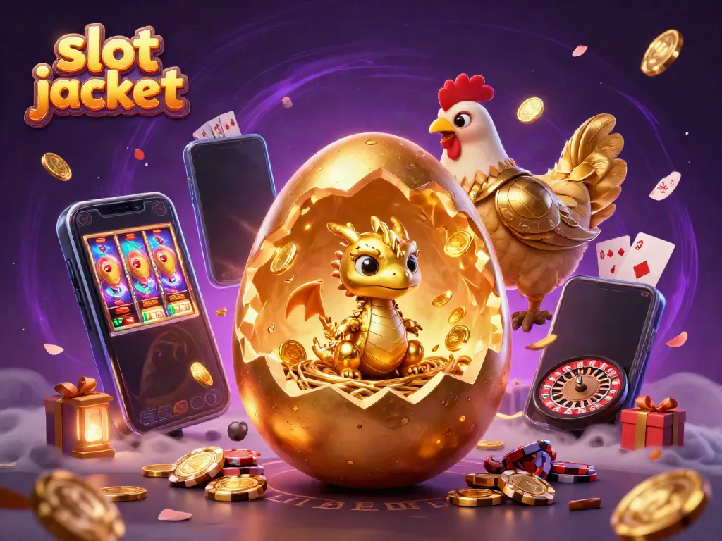 Menangkan slot jackpot dengan ilustrasi naga emas dan elemen kasino yang berkilau.