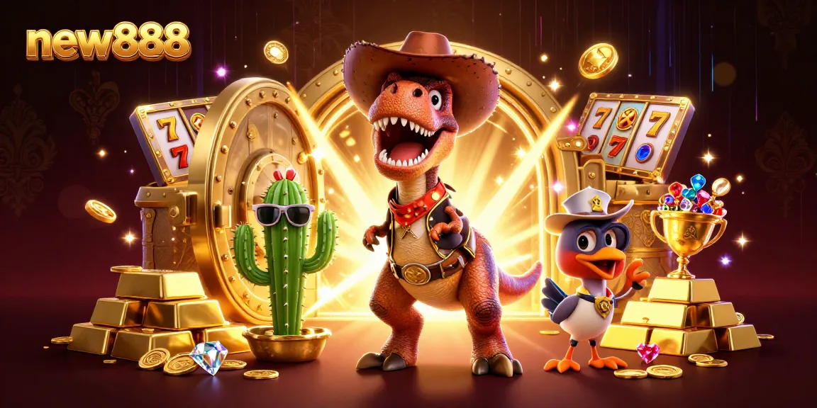Win big with new888 in a vibrant online casino scene featuring a T-Rex and treasures.