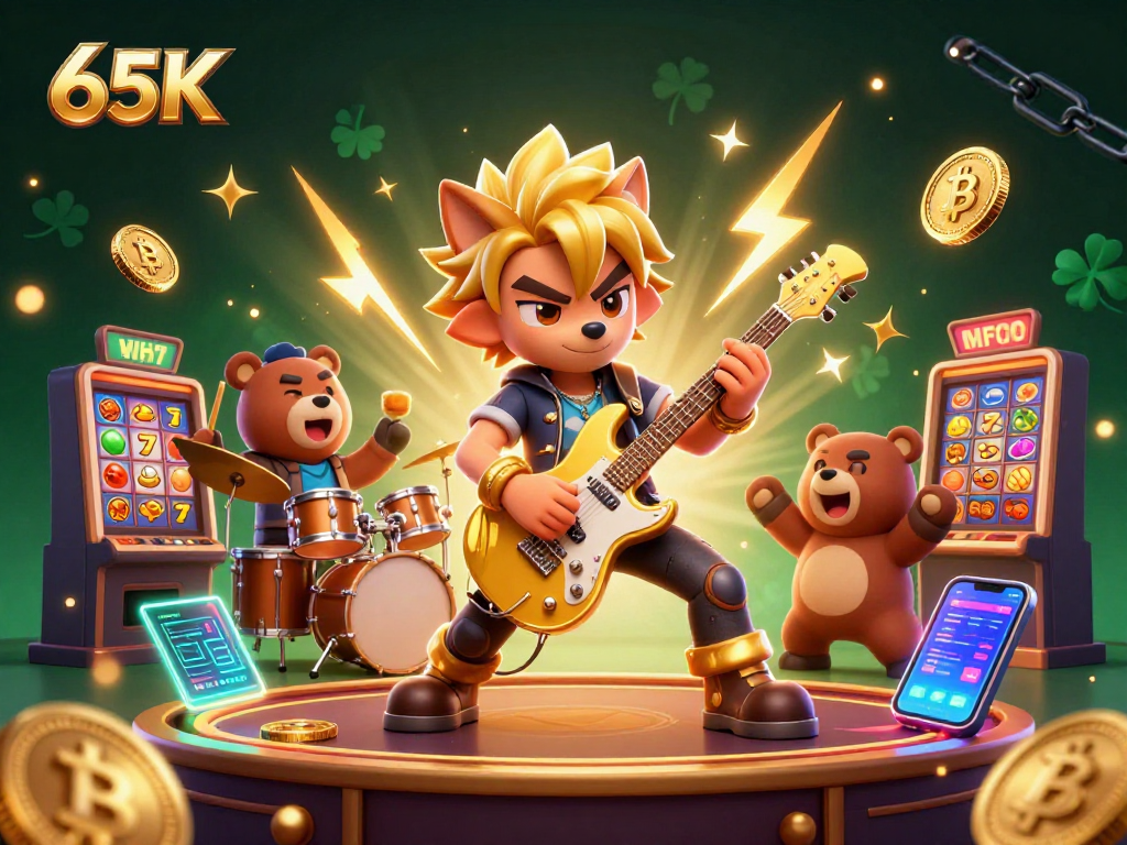 Ative sua sorte com 65K em uma cena vibrante de cassino com personagens e elementos de jogo.