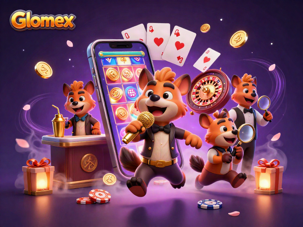 Glomex presents a lively casino scene with hyenas showcasing a comedy club atmosphere, bartending, and security.