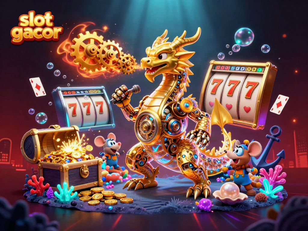 Experience slot gacor with a vibrant scene featuring a golden dragon and casino elements.