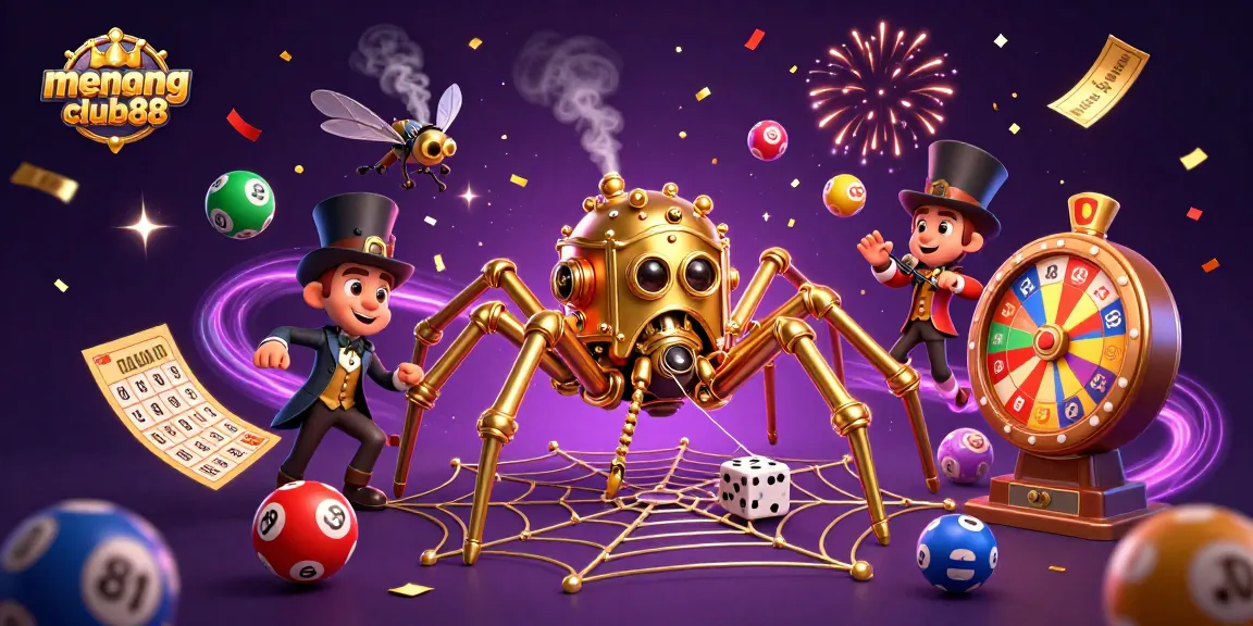 Experience the excitement at menangclub88 with vibrant 3D casino elements celebrating lottery and gaming.