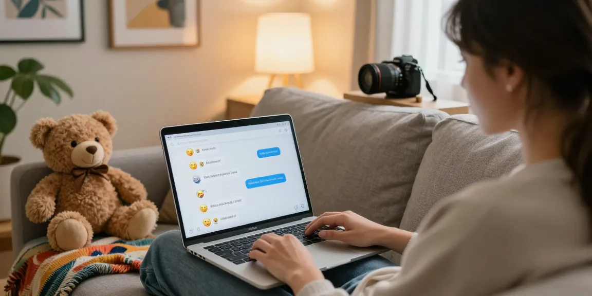 Engaging user interacting with NSFW AI companion on cozy couch, showcasing vibrant chat interface.