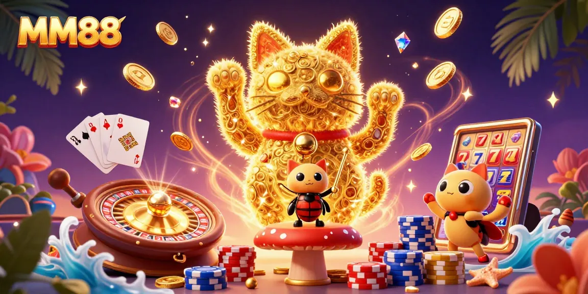 MM88 brings excitement with a lucky cat and dynamic casino symbols in a vibrant 3D illustration.