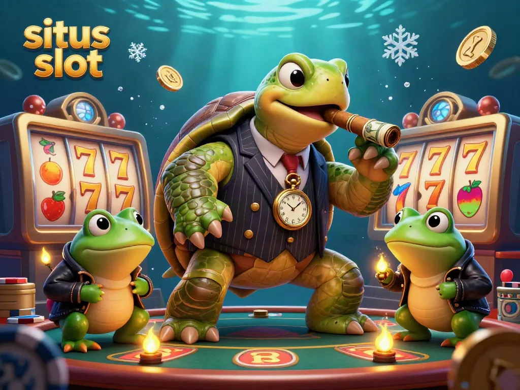 Experience situs slot action with a cartoon turtle in a mobster suit amidst vibrant casino elements.