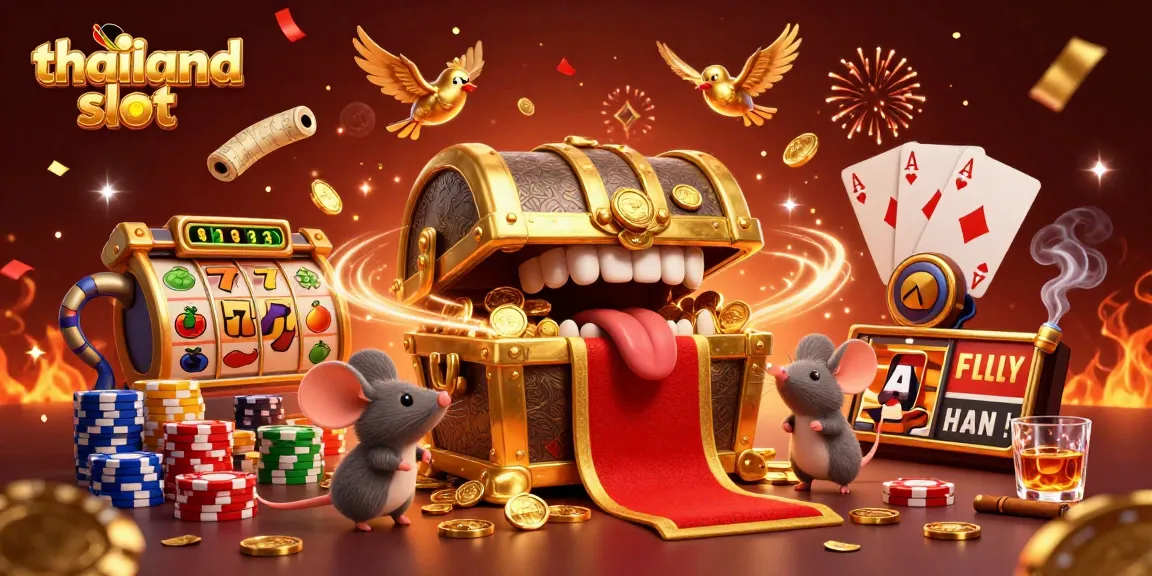 Engage with thailand slot visuals featuring vibrant graphics of slots, treasure, and fortune.
