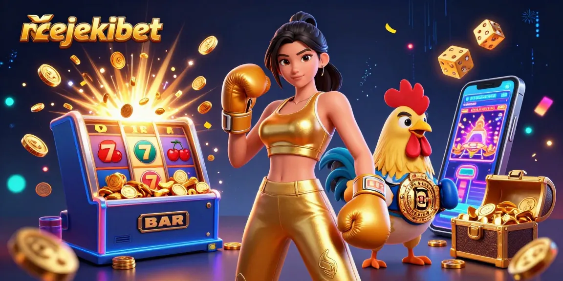 Experience the excitement of rejekibet with a dynamic scene showcasing casino gaming elements and characters.