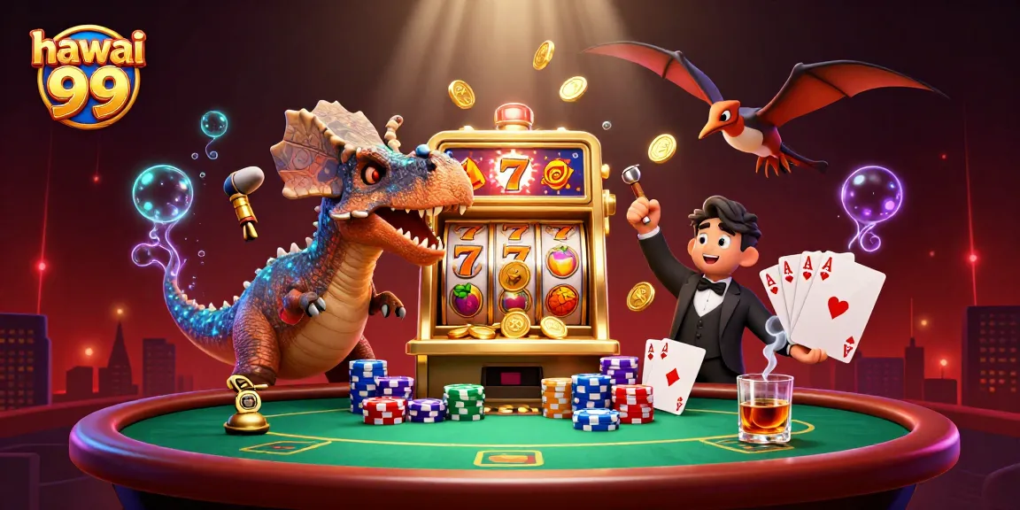 Hawai 99 showcases a pachycephalosaurus celebrating a jackpot at a vibrant casino scene.