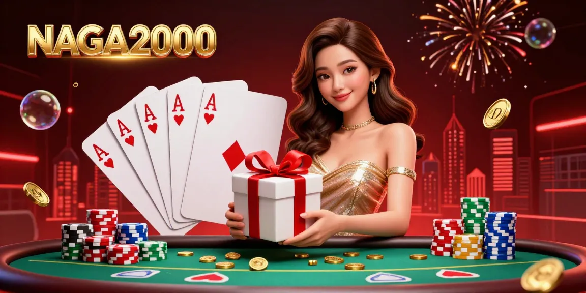 NAGA2000 menampilkan tema kasino yang cerah dengan seorang wanita yang ramah, koin emas, elemen poker, dan dekorasi meriah.