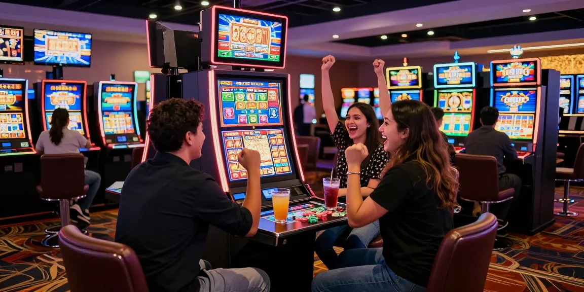 Slot gacor players celebrating big wins at a vibrant casino lounge