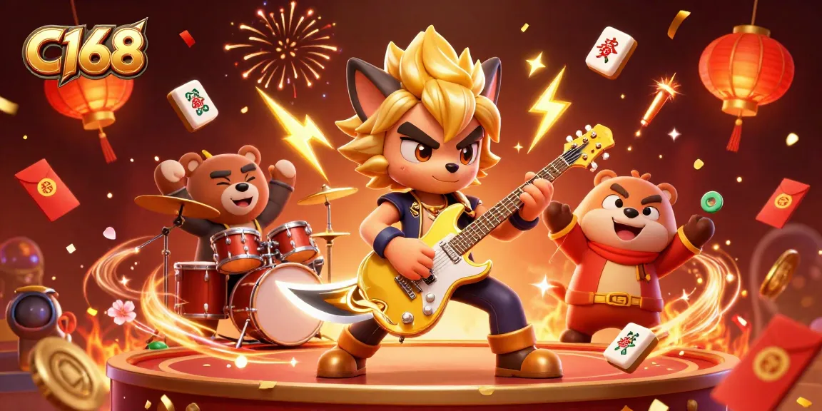 C168 captivates players with a dynamic scene of a rock star wolf and drummer bear in an exciting casino.