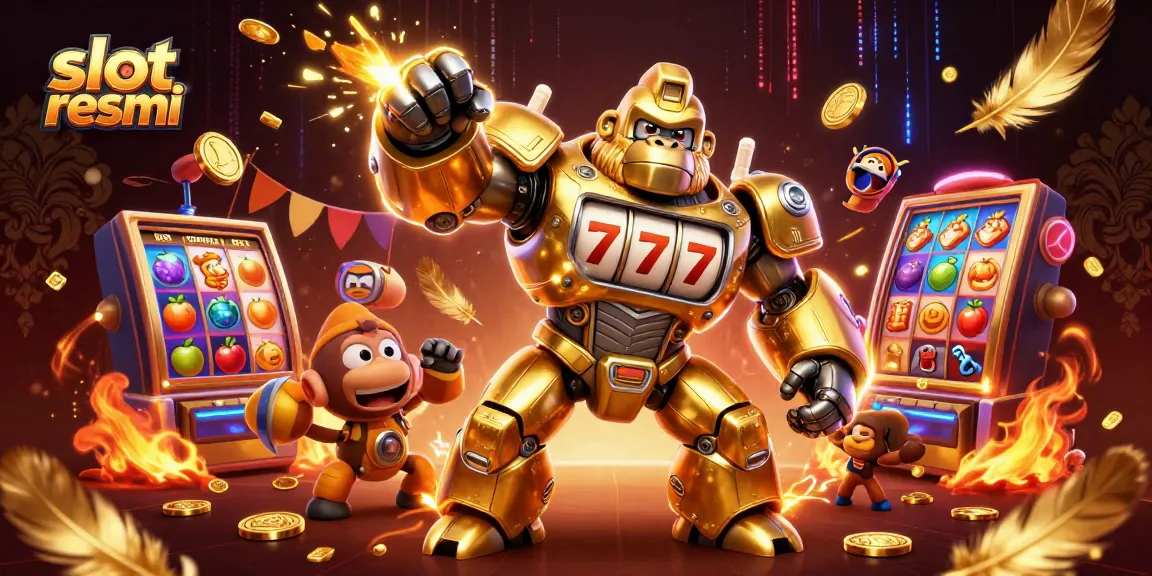 Engage with slot resmi's dynamic 3D illustration featuring a golden gorilla mech celebrating casino victories.