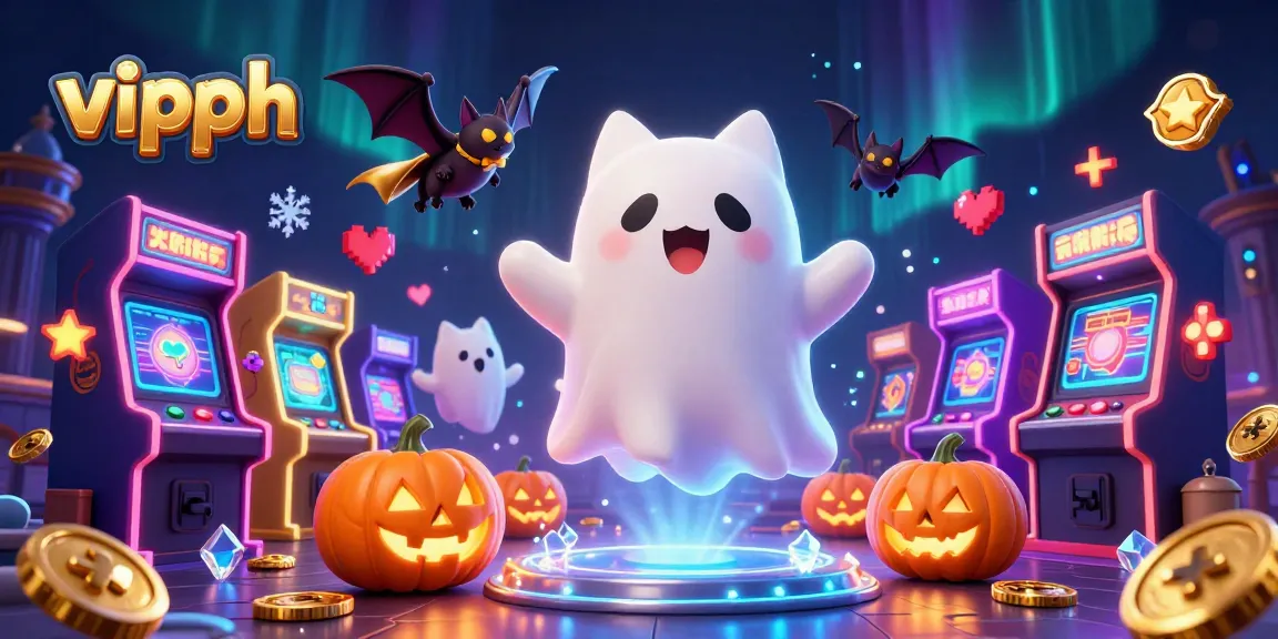 Spin and win with vipph as the ghost cat explores a haunted casino mansion filled with arcade games.