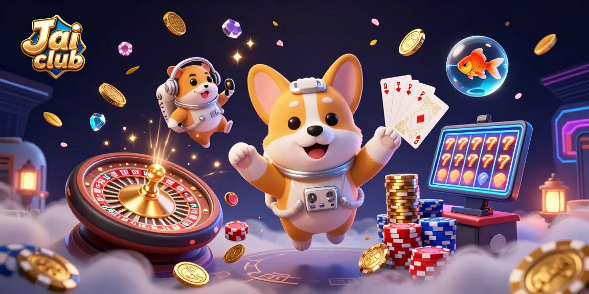Engage in thrilling gameplay at Jai club with floating games, vibrant colors, and casino elements.