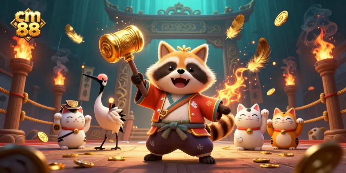 Experience exciting gaming at cm 88 with cartoon characters celebrating with golden coins and festive decor.