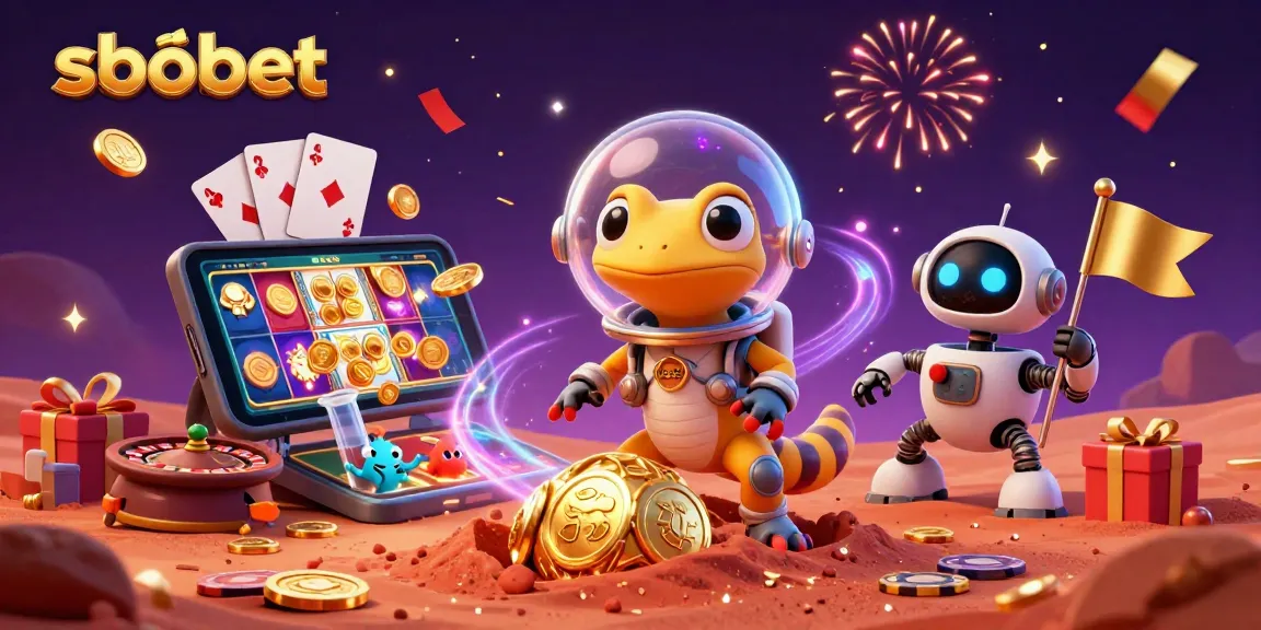 Experience sbobet's dynamic gaming atmosphere with a Martian gecko and golden casino adventure.