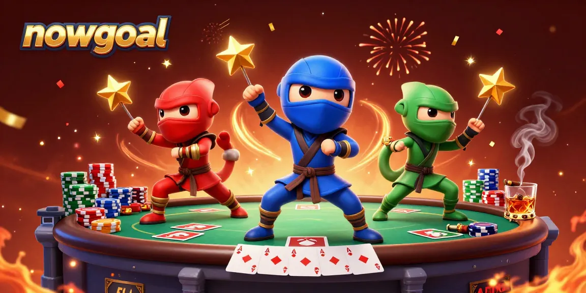 Engage in nowgoal sports betting action with a dynamic ninja chameleon scene amidst poker elements.