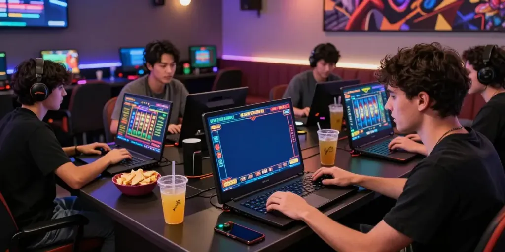 Group of players enjoying QQMacan online slot games in a modern lounge.