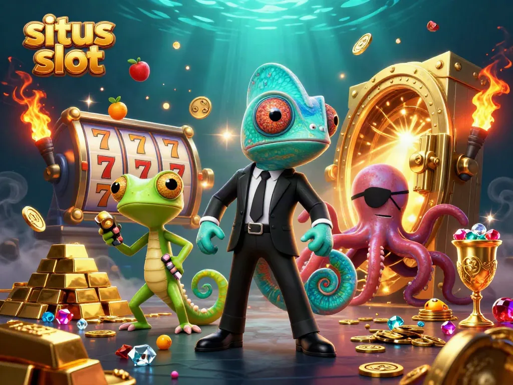 Ilustrasi karakter casino situs slot dengan chameleon agen rahasia dan gecko pintar.