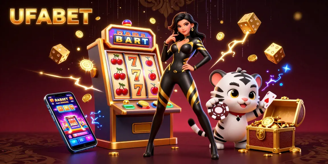 UFABET showcases exciting online gaming with a stunning 3D digital illustration featuring dynamic characters and casino elements.