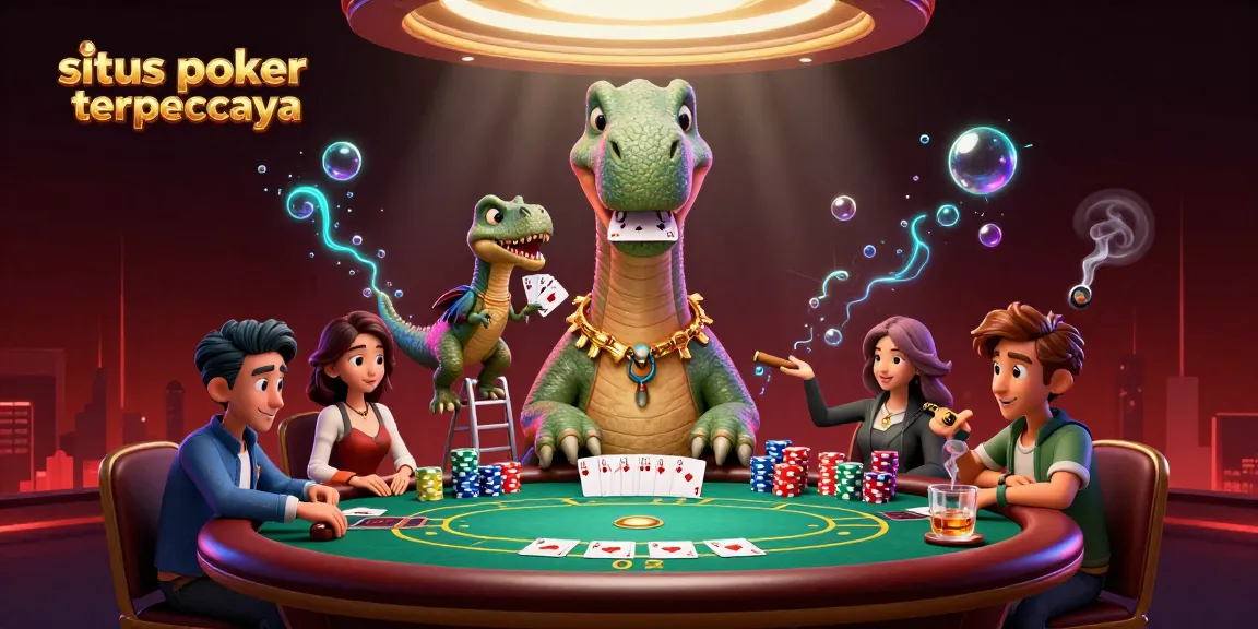 Play at situs poker terpercaya with thrilling poker scenes featuring dinosaur dealers and colorful chips.