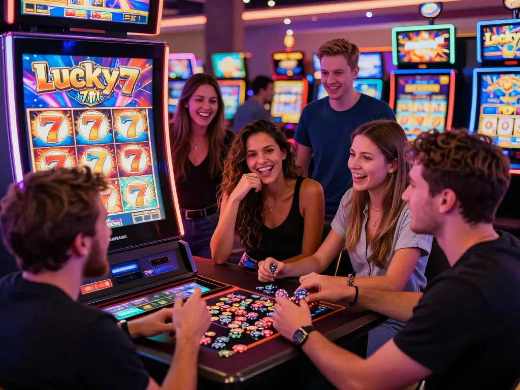 Excited group playing Lucky777 slot machine in a lively casino atmosphere.