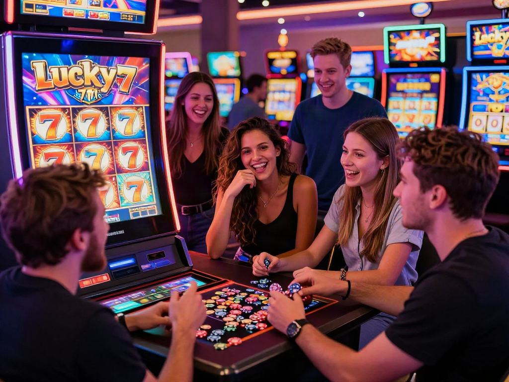 Excited group playing Lucky777 slot machine in a lively casino atmosphere.