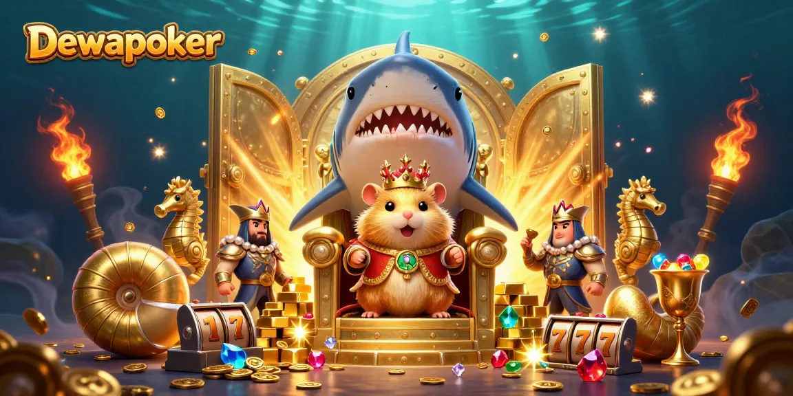 Dewapoker throne illustration with a hamster king, seahorse guards, and slot elements amidst treasures