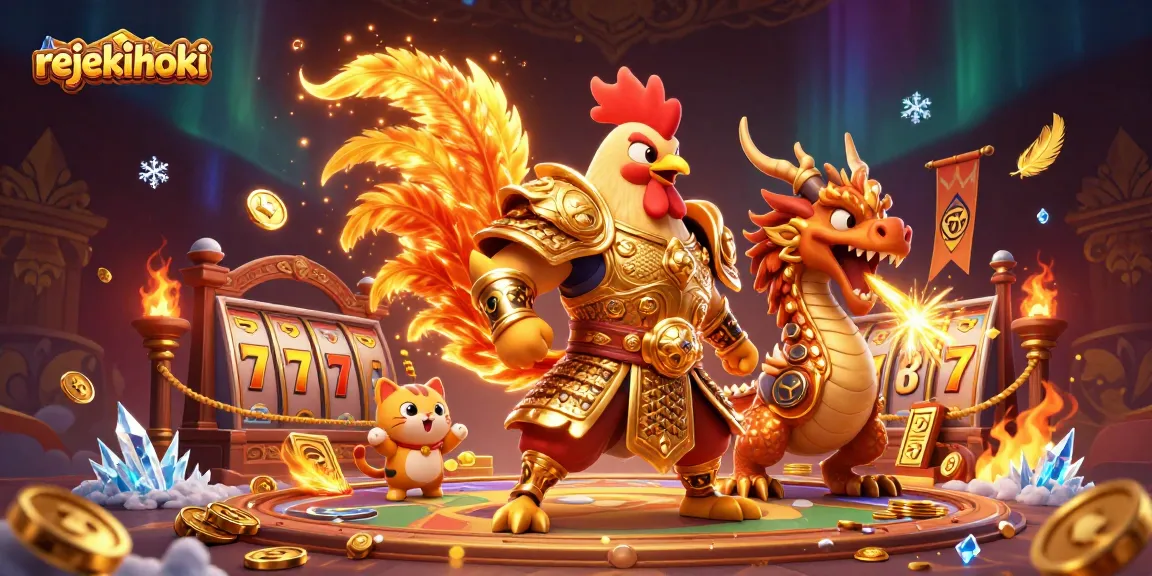 Experience thrilling gameplay with rejekihoki's dynamic casino scene featuring warriors and slot symbols.