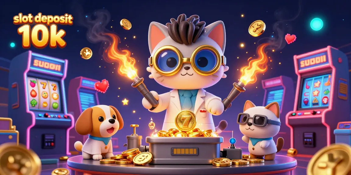 Slot deposit 10k dengan karakter kucing ilmuwan dan anjing asisten di mesin slot berkilau.
