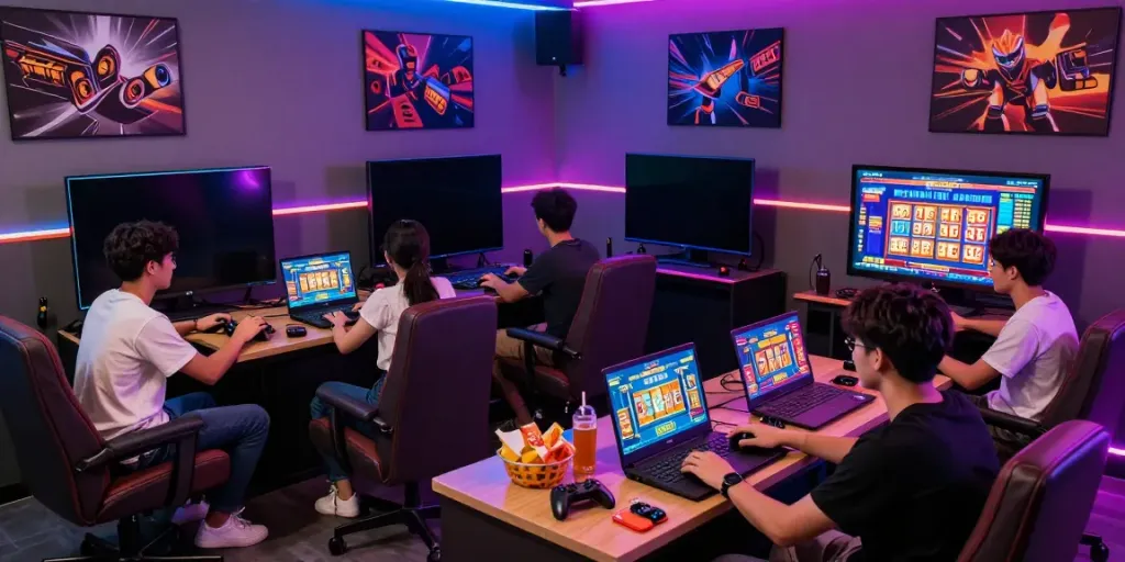 Teman-teman bermain slot mahjong di ruang permainan modern yang penuh warna.